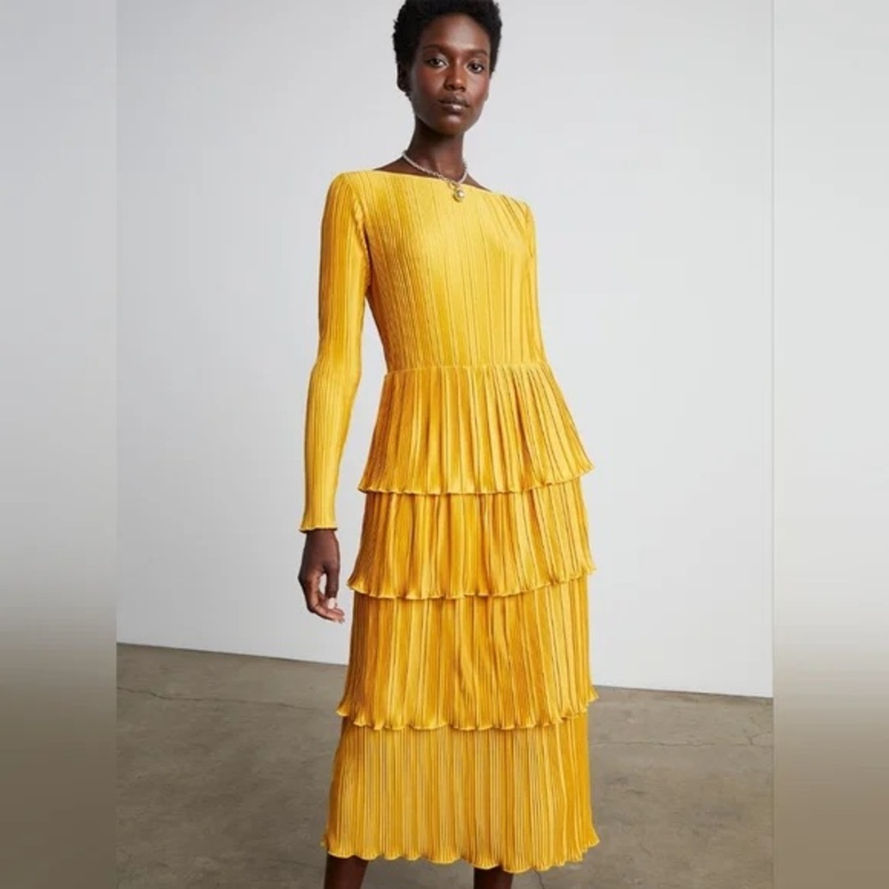 Who What Wear Mustard Long Sleeve Tiered Dress